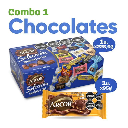 1 Caja Arcor Selección Bombones en Casa x 288,6g + 1un Chocolate Arcor con Leche y Maní x 95g